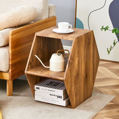  Hexagonal MDF Coffee Table with Patterned Finish, Multi-Hole Storage Design for Any Room Style, Natural