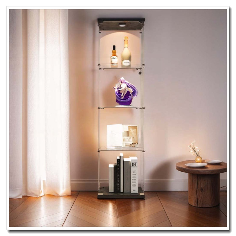 Vitrine lumineuse en verre à 4 tablettes avec une porte, Blanc