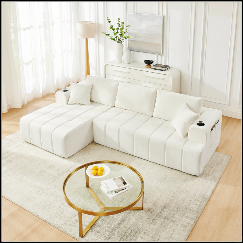 Canapé modulaire en chenille moderne avec méridienne et porte-gobelets pour un salon confortable et peu encombrant