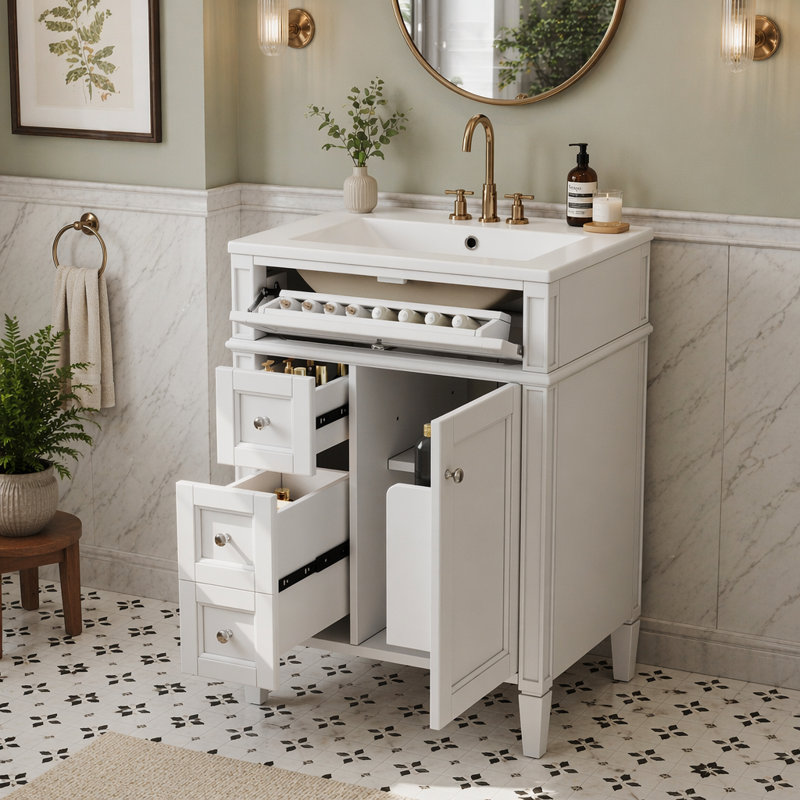 Meuble-lavabo 24 po avec lavabo supérieur, meuble-lavabo moderne avec 2 tiroirs et un tiroir basculant, meuble-lavabo simple
