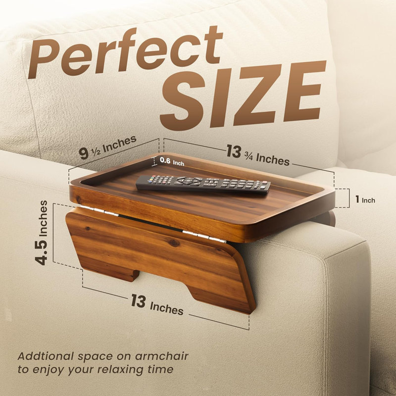 Acacia Wood Sofa Armrest Tray - 13.75 x 9.5in Double Hinge Sofa Arm Tray Table Clip