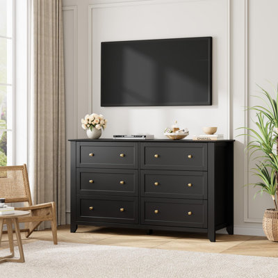 Commode 6 tiroirs Modern - Armoire de rangement en bois de 54 po de largeur - Tiroirs de rangement profonds avec boutons en métal - Organisateur pour chambre à coucher, placard, chambre de bébé, salon, vestibule - noir