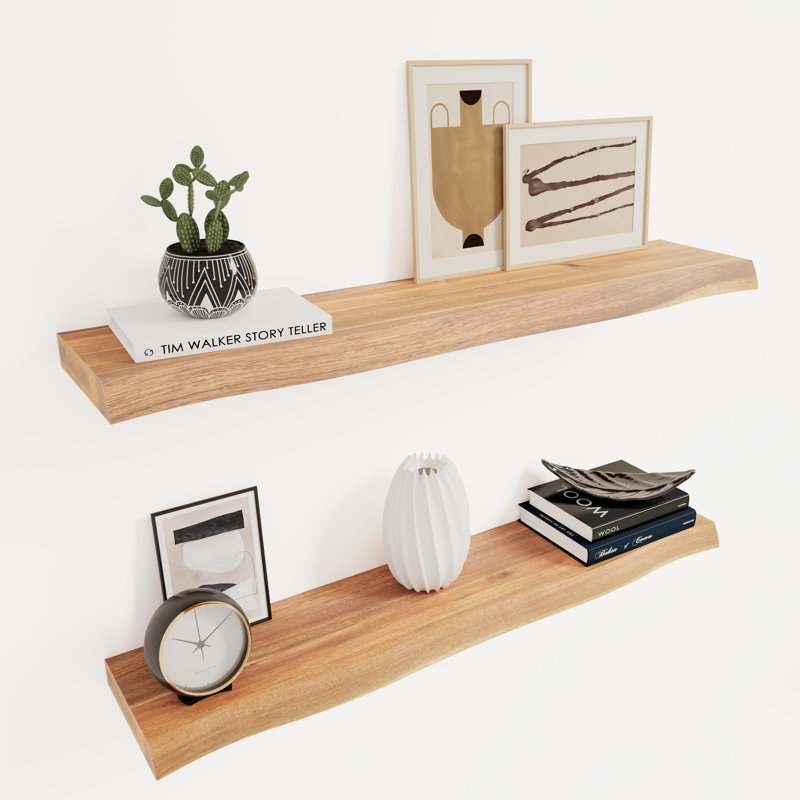 Ensemble de 2 tablettes flottantes en bois massif d'acacia pour bordure de cuisine, cuisine, salle de bain, espace de travail, aspect teck