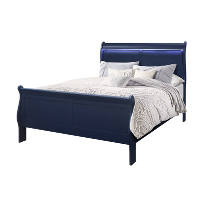 Lit double bleu avec DEL, lit de style transitionnel, tête de panneau, bois d'hévéa et corpulence, 84,24 po de largeur, 56,08 de profondeur, 46,92 po de hauteur - Style amélioré, bois massif, profondeur, largeur, hauteur, 72,8 lb