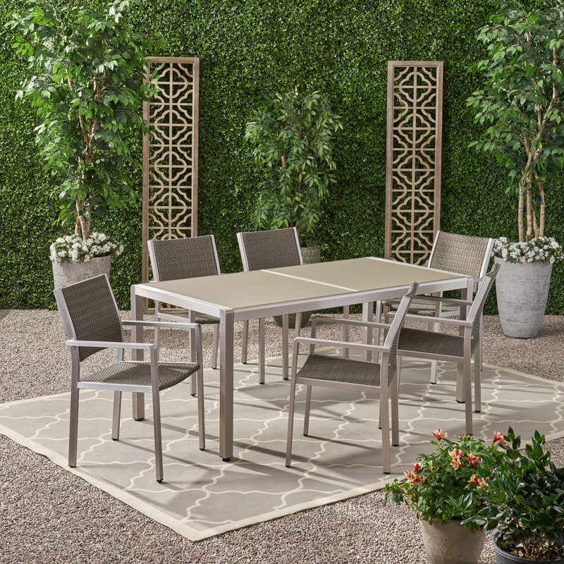 Ensemble repas pour 6 personnes en aluminium et osier avec table rectangulaire Caggiano