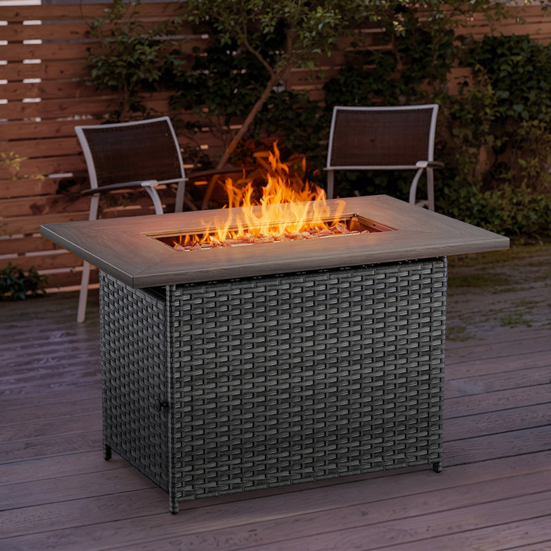 Schutt Rectangular PE Wicker Fire Pit Table With Lid - 50,000 BTU Adjustable Outdoor Heater, Gray