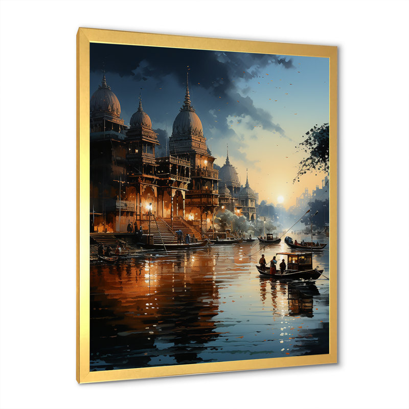 Hindouisme divin, rivière Ganges I, reproduction d'art sur toile, Cadre doré simple, H 32 po x l 16 po x P 1 po