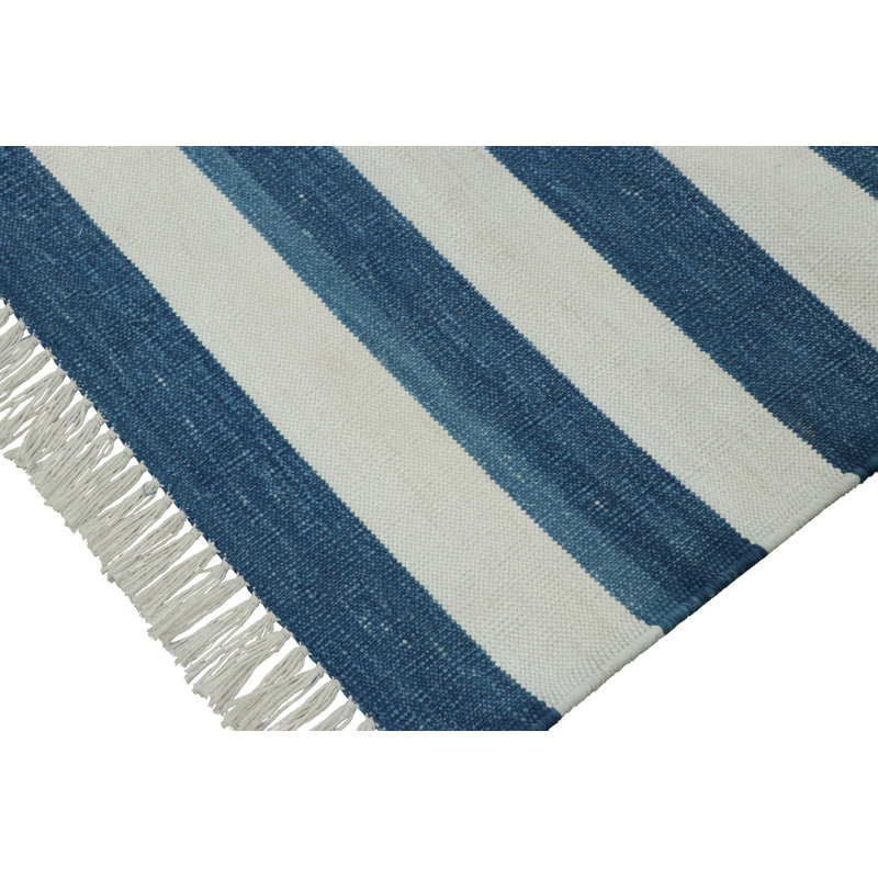 Rug & Kilim’S Indian Dhurrie Rug In Cool, Coastal Navy Blue And White Stripes