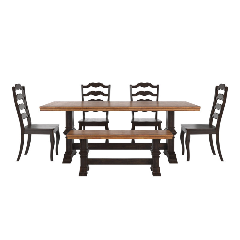 Ensemble de salle à manger à dessus en bois massif de 78 po avec chaises à dossier échelle française et banc Fortville, Noir