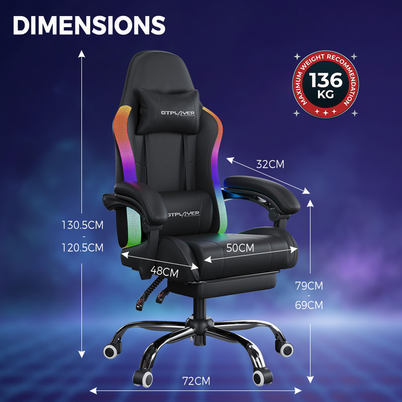 Gaming Chair with LED Lights Footrest Heavy Duty Massage Computer Desk Chair for Adults Ergonomic Adjustable Height Reclining PC Home Office Chairs