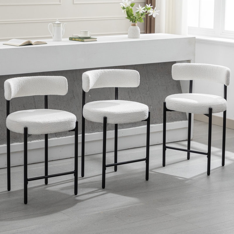 28'' White Bouclé Upholstered Bar Stools with Metal Frame, Set of 2
