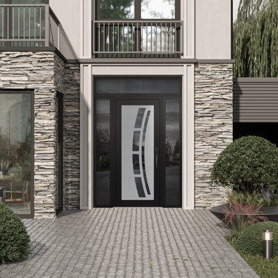 C12 Left-Hand 60 In. X 96 In. Panel Silver Steel Black And Black Mirrored Glass With 2 Sidelites And Transom Mirrored Glass Prehung Front Entry Door