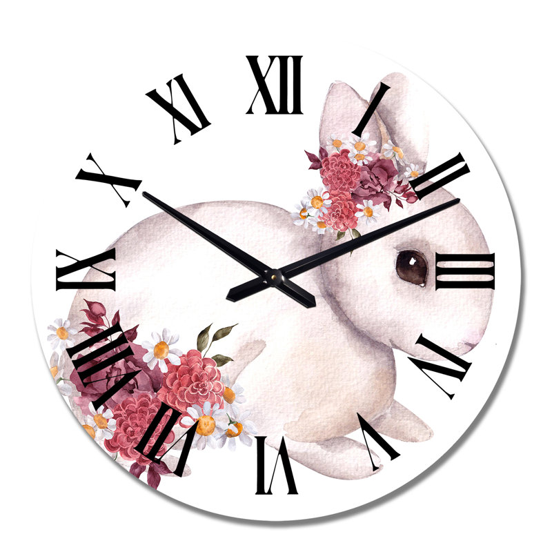 Mignon lapin et fleurs et feuilles d'automne - Horloge murale traditionnelle, Surdimensionné