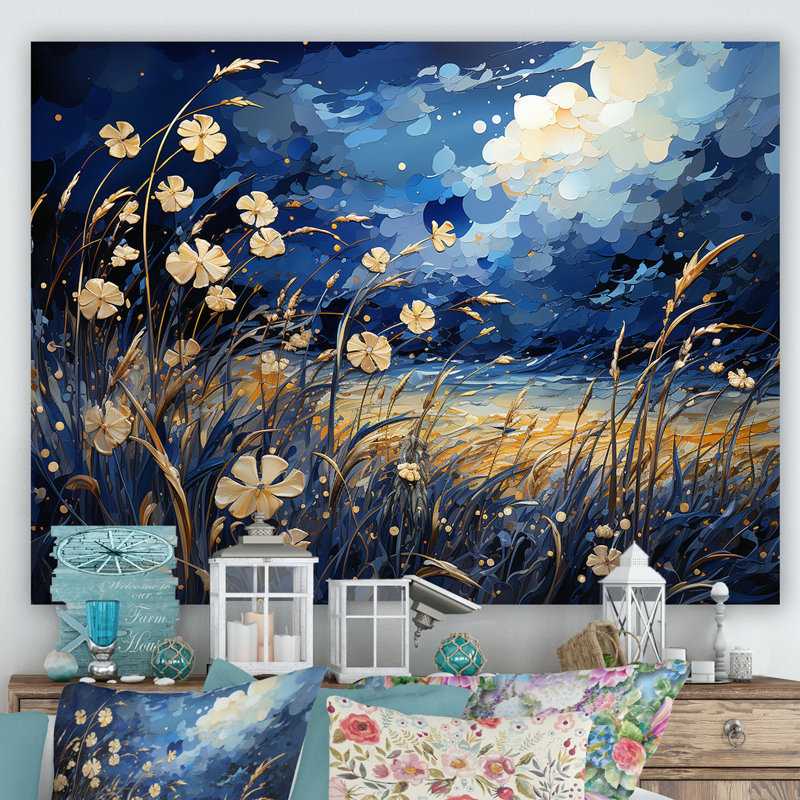 Coquelicots bleu marine - prairie, art mural, Toile tendue, H 34 po x l 44 po x P 1,5 po