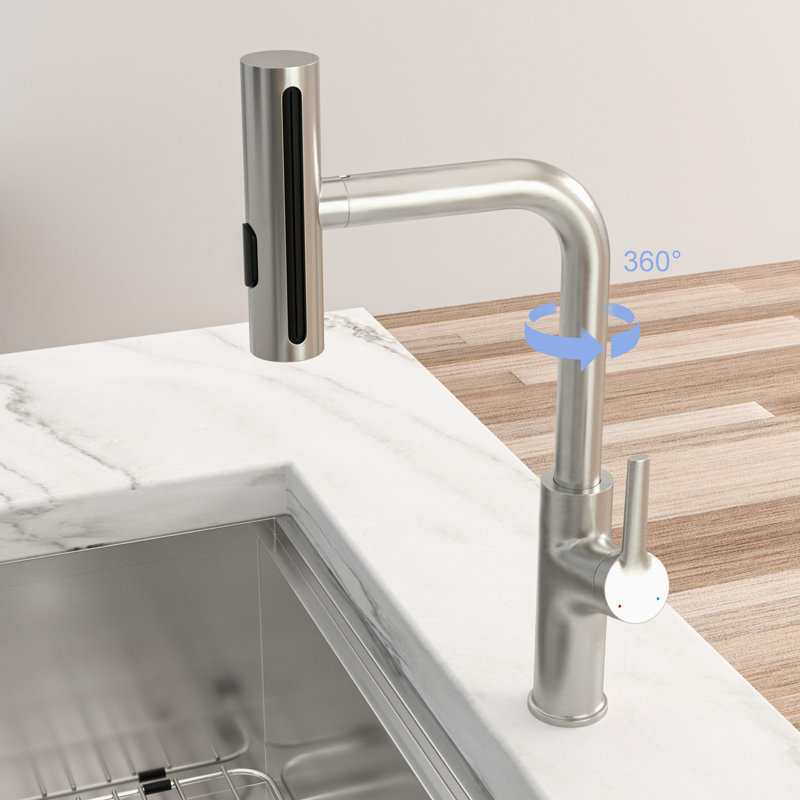 Robinet de cuisine rétractable à 4 jets - mode 360 avec surface en nickel brossé, fonctionnement par éclaboussures, cartouche en céramique, tous les accessoires nécessaires, incontournable moderne en nickel, choix pour diverses tâches,