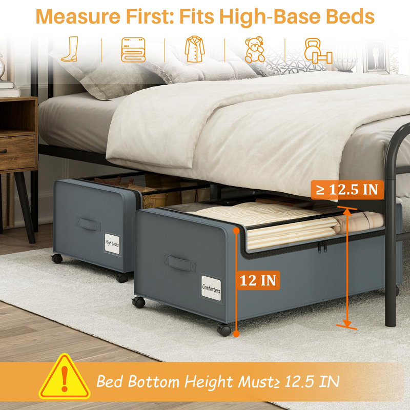 Under Bed Storage Containers With Wheels, 12 Inch Under The Bed Storage Bins With Clear Lid, 2 Pack, (Grey), Gray