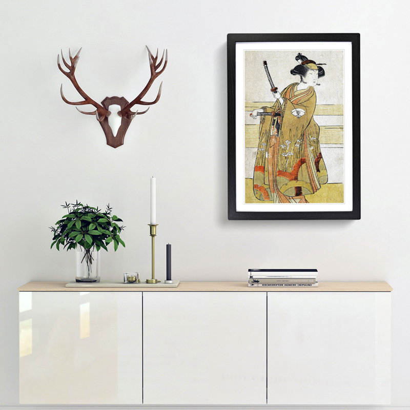 Woman with Samurai Swords by Katsukawa Shunsho - Framed Print, 36cm H x 27cm W x 2cm D, Black Framed