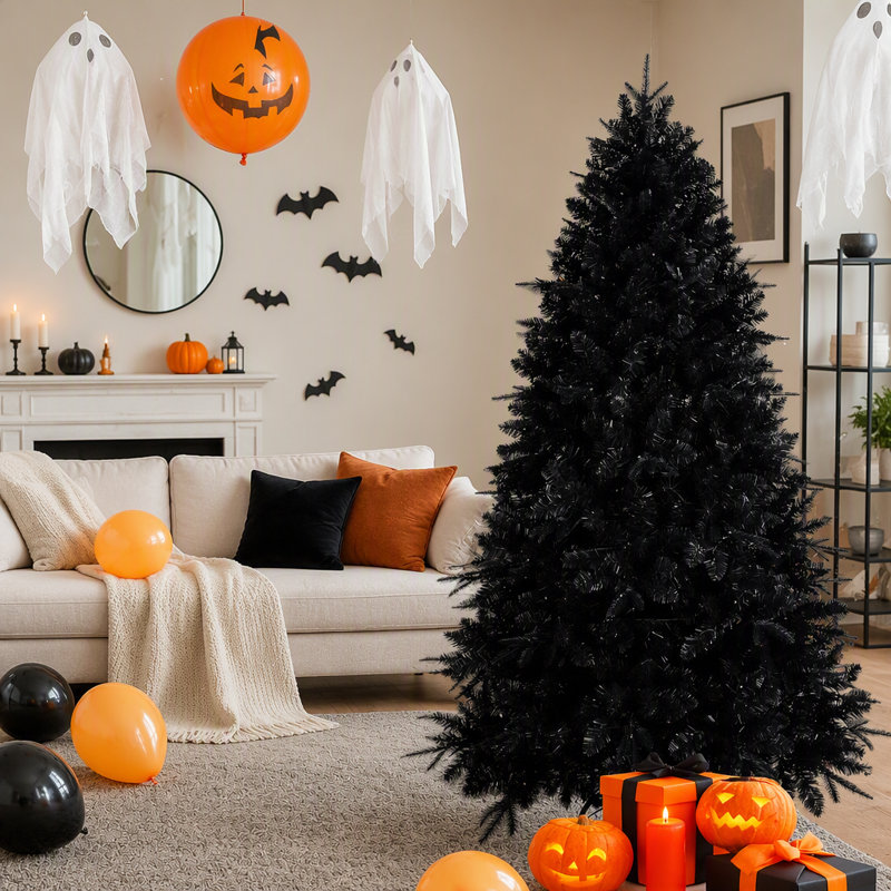 Sapin de Noël noir de 1,80 m avec 350 lumières DEL blanches, 1460 branches en PE+PVC pour décoration de fêtes, structure articulée avec pied en métal