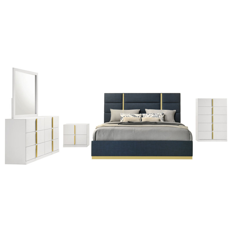 Ensemble de chambre avec grand lit 5 pièces Miyoka Gris et blanc ultrabrillant, Gris, Grand