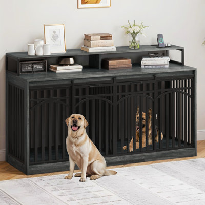  71'' Double Dog Crate Heavy Duty Wooden Dog Kennel Furniture With Power Outlets