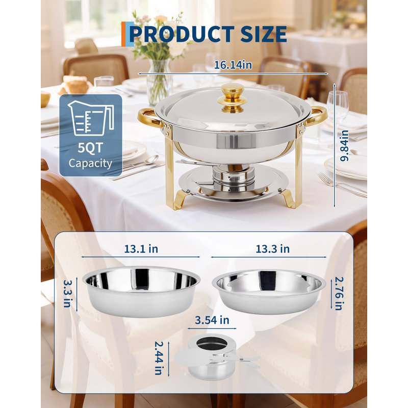 Ensemble de 4 réchauds à buffet, 5 plateaux ronds pour buffet et ensemble de réchauds avec couvercle, réchauds en acier inoxydable, or