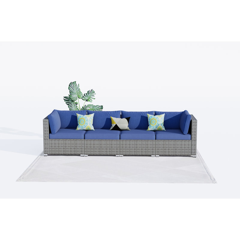 Premium All-Weather Wicker 4 - Person Patio Conversation Set with Cushions, Demin Blue