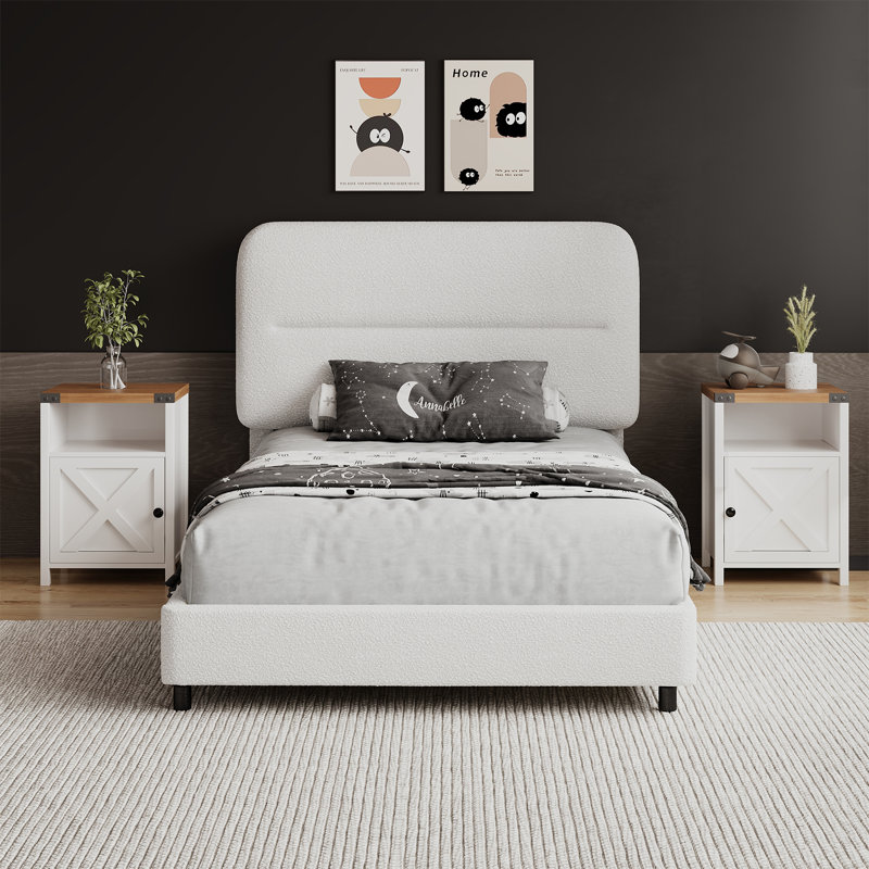 3 Piece Upholstered Bedroom Set,Bed Frame With Set Of 2 Nightstands, Twin, White/White