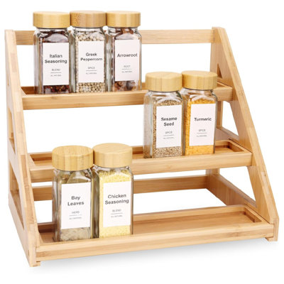 3-Tier Natural Bamboo Spice Rack Organizer - For Kitchen Cabinets, Countertops & Pantries - Space-Saving Tiered Shelf