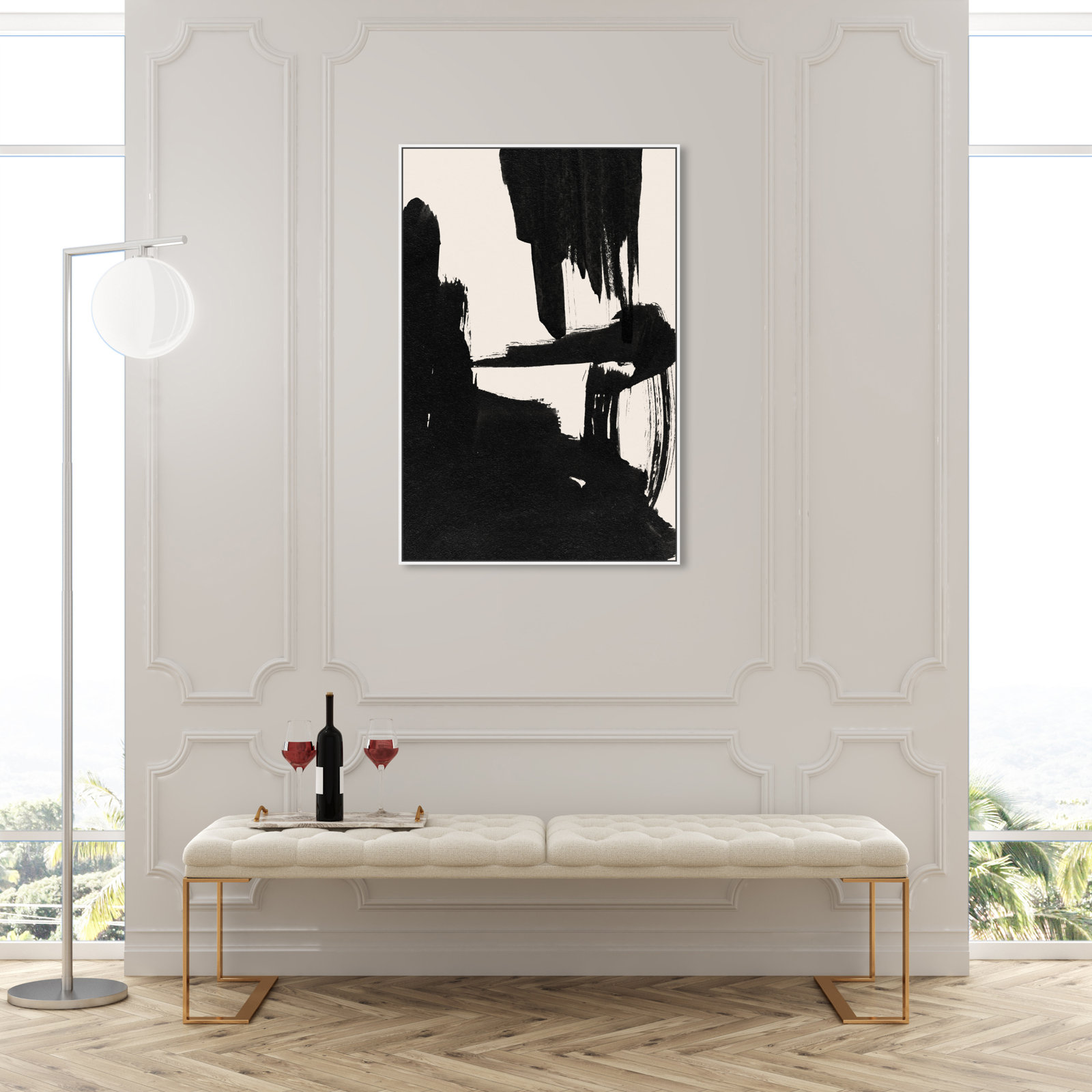 Abstract Black and White Brush Stroke Print, 46" H x 31" W, White