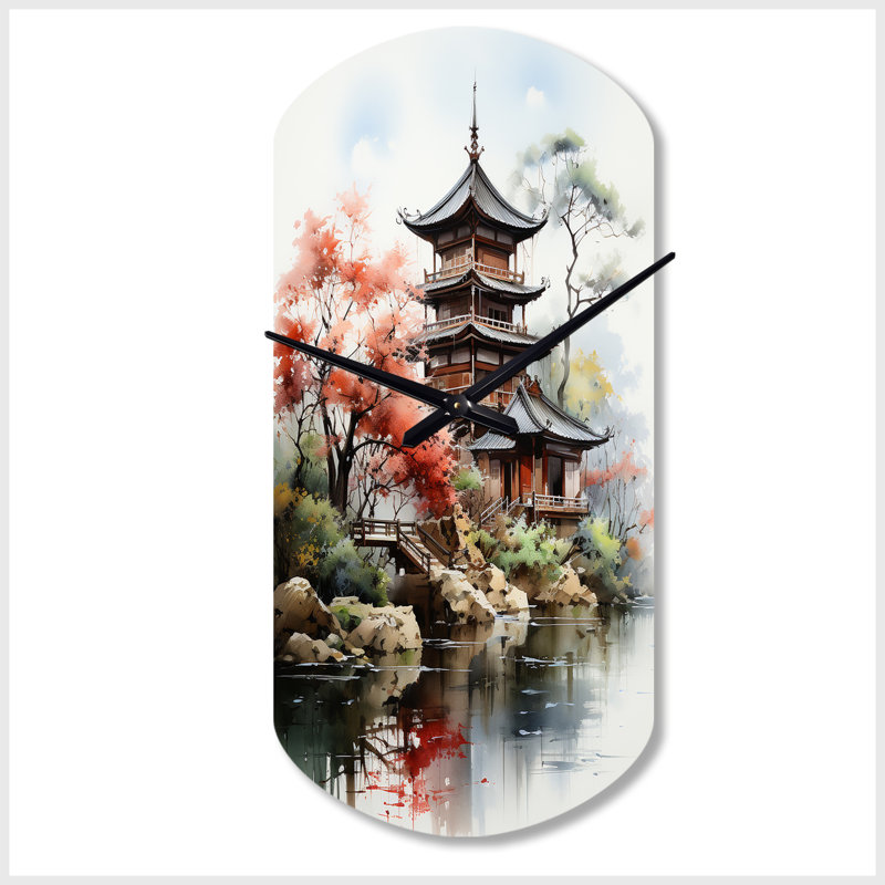 Asian Art Serene Pagoda IV - horloge murale cylindrique asiatique en métal, horloge murale asymétrique, Grand