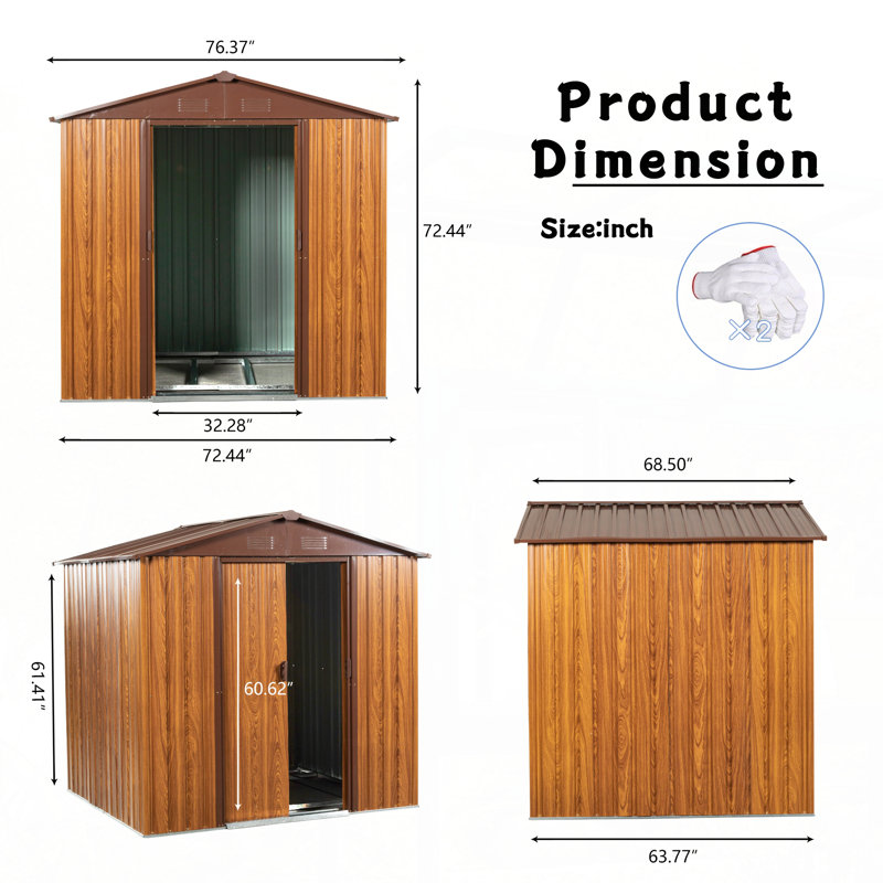6 Ft. W X 6 Ft. D Metal Storage Shed Appealing horizontal siding  in woodgrain with coffee trim to complement, Yellow Brown