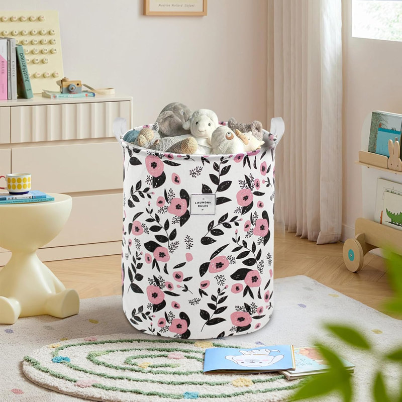 Cute Laundry Basket, Large Floral Laundry Hamper For Girls Kids Toys Collapsible Clothes Organizer Waterproof Foldable Baby Hamper For Nursery Dorm Fabric Storage Basket Bin With Handles (Pink)
