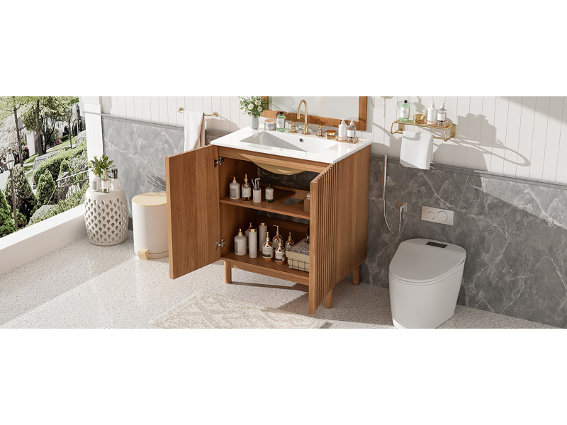 Meuble-lavabo transitionnel Woodgrain avec lavabo en céramique, pieds en bois massif et portes à fermeture en douceur, 29.9