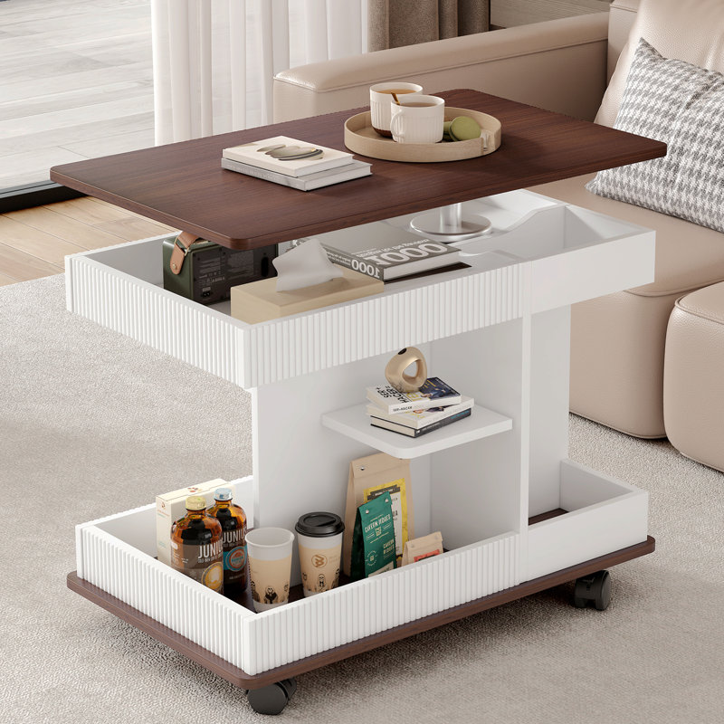 29.5"L Modern End Table With Lockable Swivel Wheels, Multifunctional Side Table With 360°Rotating Lift-Top, Industrial Accent Table With Storage Space For Living Room, White