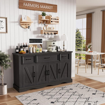58" Wide 3 Drawer Sideboard Buffet, Farmhouse 4 Doors Credenza Storage Cabinets with Adjustable Shelves by Gracie Oaks