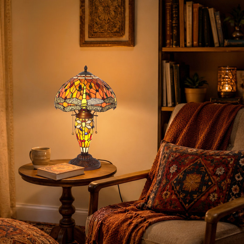 Tiffany Style Dragonfly Table Lamp, 3-Light Stained Glass Bedside Lamp