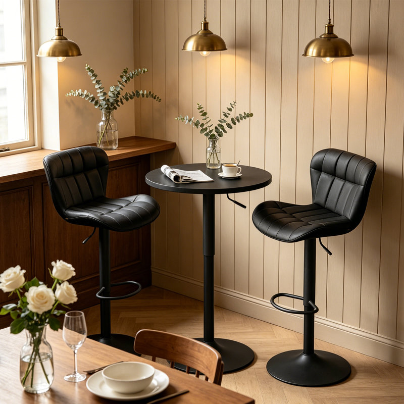 3 Piece Height-adjustable Pub Table And Leathered Pedestal Bar Stool Dining Set, Black