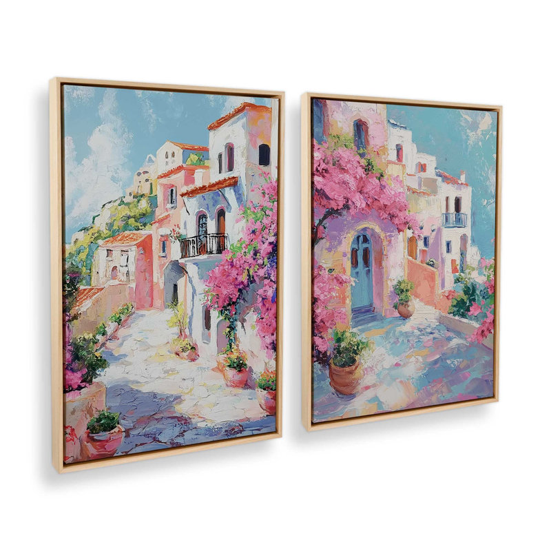 Ensemble de 2 impressions Amalfi Blooming Pathway, 48 po x 32 po, Cadre américain en érable flottant