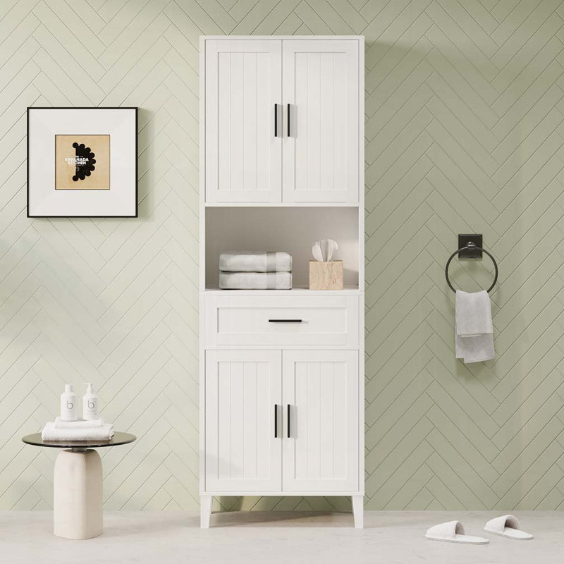 Freestanding Tall Bathroom Cabinet with a Drawer, 2 Cabinets, 4 Soft-Close Doors, 2 Adjustable Shelves, Open Storage, White