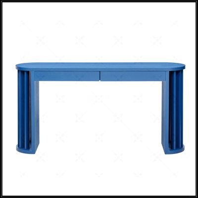59-Inch Long Console Table With Oak Veneer, Curved And Straight Line Design For Farmhouse Entryway, Hallway, Living Room (Navy Blue)