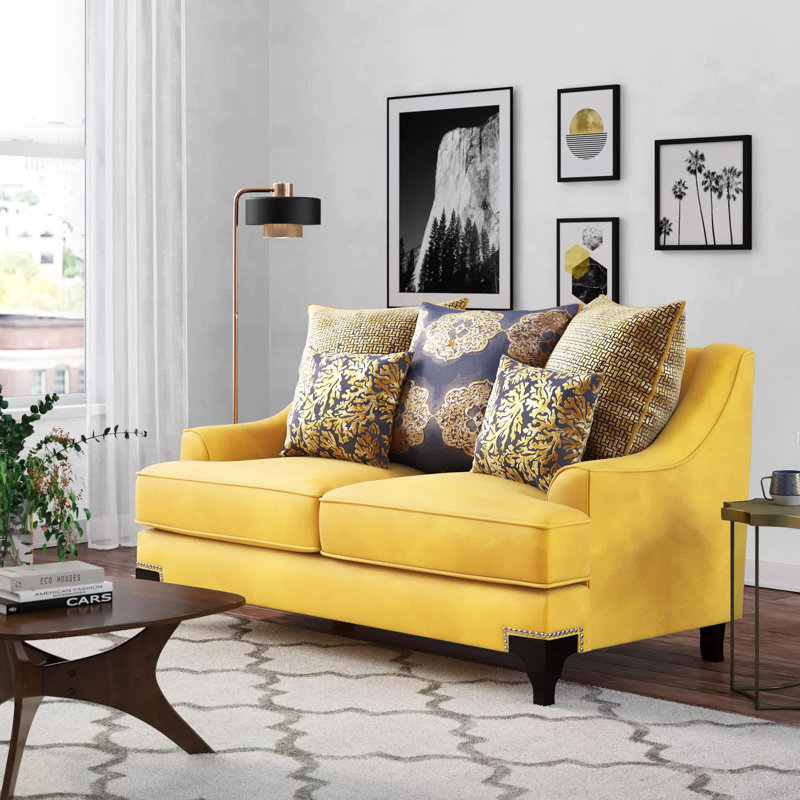 Eziya Velvet Recessed Arm Sofa, Gold, 38" H x 71" W x 40" D