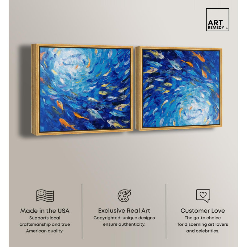 Sea of Vibrant Tides Set Canvas Flowy Abstracts by Art Remedy, 41" H x 41" W, Gold Framed