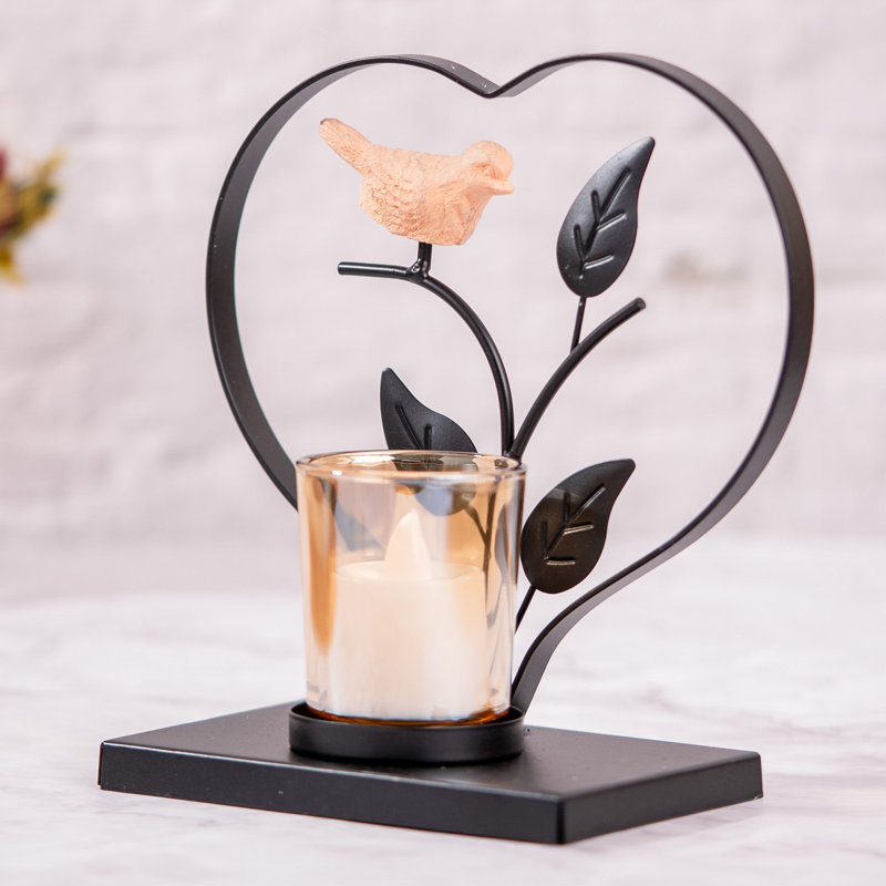 Black Metal Bird Tealight Holder & Glass Decor