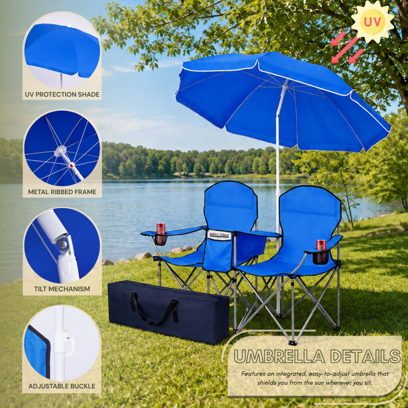 Causeuse d'extérieur avec parasol et glacière intégrée, Bleu