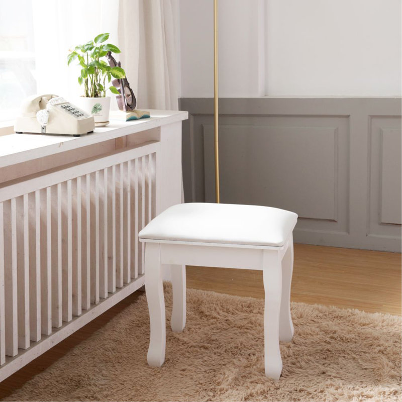 Banc de maquillage rembourré avec tabouret blanc et pieds en bois massif