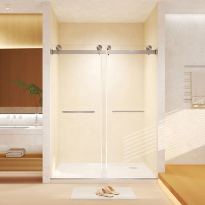 Double porte de douche coulissante, l 44 à 48 po x H 74 po, verre trempé de 8 mm, film à l'épreuve de la preuve, acier inoxydable nickel brossé, structure de porte à rail carré flexible, arrêt de l'eau de corrosion transparente