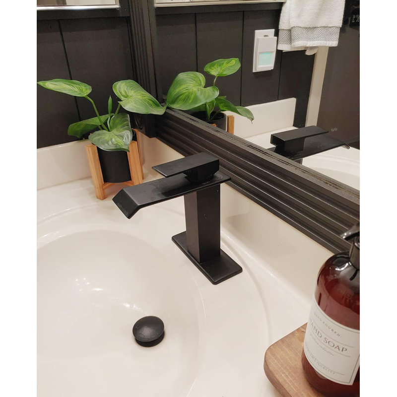 Black Waterfall Bathroom Faucet – Single-Handle Sink Faucet with Deck Plate and Overflow Drain for Modern Vanity