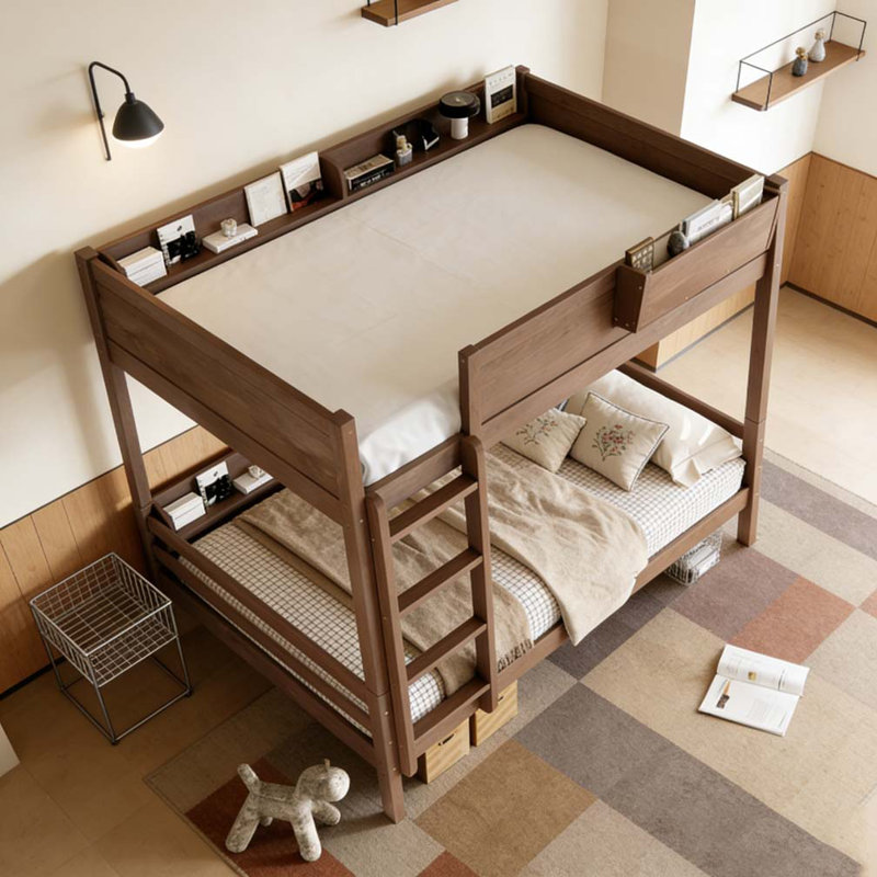 Bunk Bed With Storage Shelf and Bookshelf,Wood Bunk Bed with Ladder and Guardrails, Wood, Queen