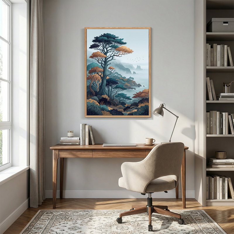 "Trees and Coastline" bleu sarcelle stylisé, 48"H x 36"W