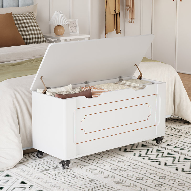 Storage Chest, Storage Bench with 4 Wheels, 39.4" Wooden Blanket Chest with 2 Safety Hinges, Round Corner, Supports 350 Lbs, Storage Trunk for Entryway, Living Room, Bedroom,White